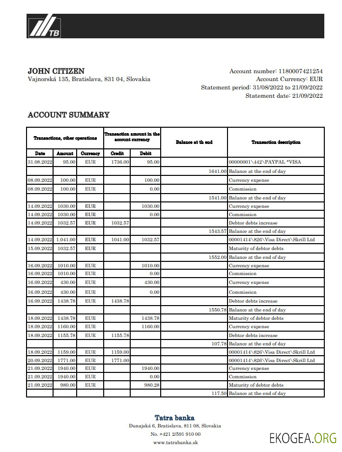 Relevé bancaire Slovaquie Tatra xls VERSION 2
